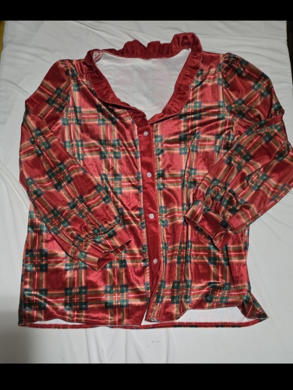Chic Women's XL christmas velvet feel plaid button Blouse #30